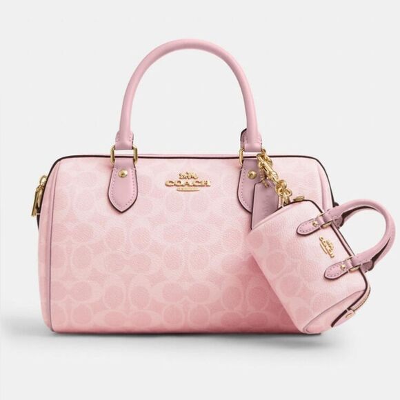 Coach Mini Rowan Bag Charm In Signature Canvas Purse Wallet Bag Powder Pink - Picture 10 of 10